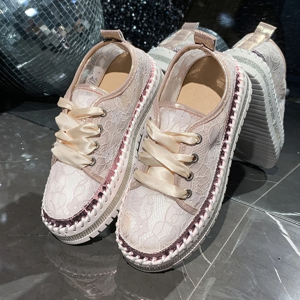 Lace Mesh Rhinestone Platform Sneakers Satin Ribbon Laces Retro Y2K Bling Shoes